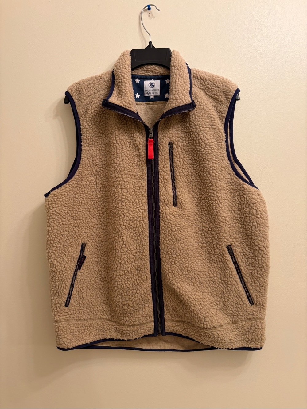 Southern Proper | Tan Sherpa Vest with Navy Trim
